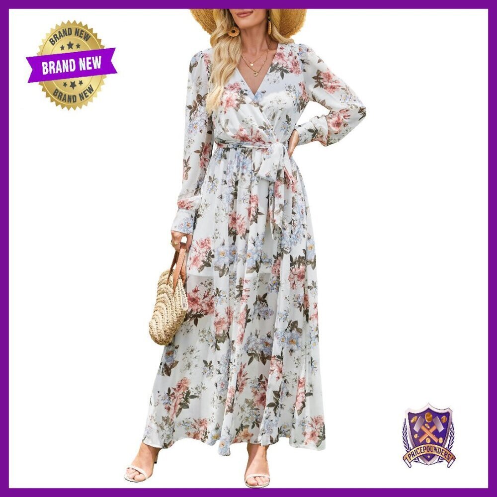 Long Sleeve Floral Maxi Dress Wrap V Neck Boho Flowy Slit Wedding Guest